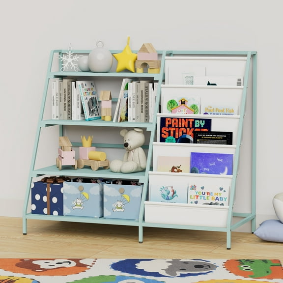 Metal Kids Bookshelf & Toy Organizer - Montessori Toddler Book Rack, Baby Sling Shelf Nursery Playroom Storage - Space-Saving Display Shelf for Classroom Library Boys Girls