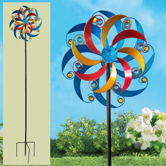 Metal Kinetic wind spinners outdoor garden stake decor, High 65 Inch windmill for yard patio lawn garden decorations, 360 swivel flower double wind catchers spinner with direction wind motion