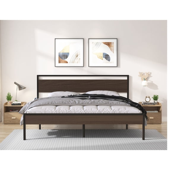 Metal King Size Bed Frame with Wooden Headboard and Footboard, Heavy Duty Platform Bed with Under Bed Storage, No Box Spring Needed, Easy Assembly Black with Walnut