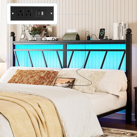 Metal King Size Headboard with Storage, 60,000 DIY Color of LED Lights, Head Board with Charging Station, Modern Freestanding Headboard Only, Easy Assembly, Black