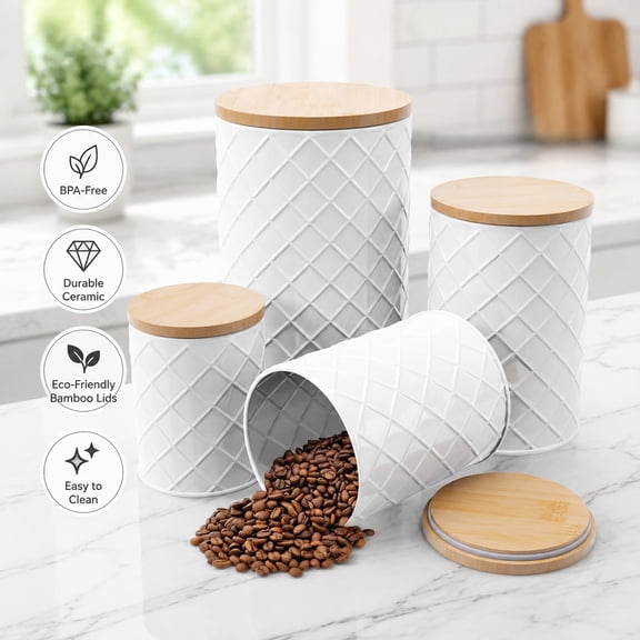 Metal Kitchen Canister Set of 4 – White Steel Food Storage Containers with Airtight Lids for Sugar, Flour, Coffee & Tea, Farmhouse Kitchen Decor