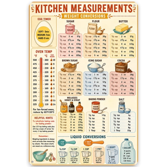 Metal Kitchen Measurement Conversion Chart Sign 8x12 Inch - Rustic Wall Decor for Home and Kitchen - Vintage Style Iron Weight and Liquid Reference Sign with Easy Hanging Pre-Drilled Holes