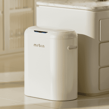 MRBIN Montion Sensor Kitchen Garbage Can with Lid, 40L / 10.5 Gal Slim Automatic Trash Can Touchless, Large Garbage Bin Metal Waste Bin, Cream White