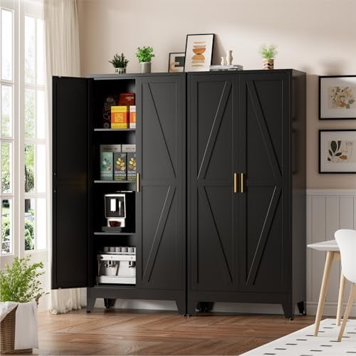 Metal Kitchen Pantry Cabinet, 61" Black Farmhouse Storage Cabinet with 2 Vintage Barn Doors and 3 Adjustable Shelves, Rustic Freestanding Cupboard for Kitchen,Home Office Living Room,Dining Room