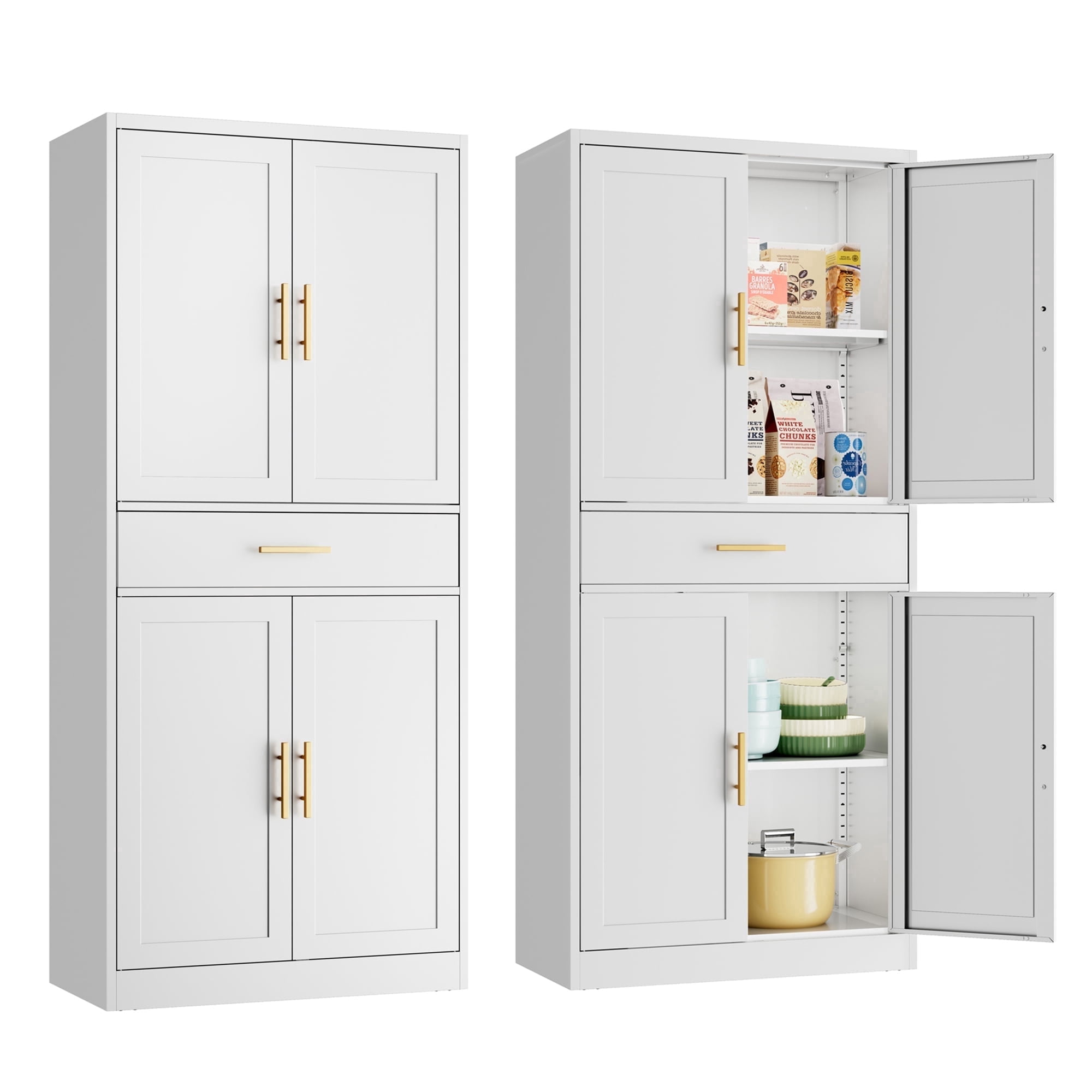 Metal Kitchen Pantry Cabinet, 71" Tall Cabinet with 1 Drawer, Doors and 2 Adjustable Shelves, Pantry Cabinets for Kitchen Storage, Metal Storage Cabinet for Kitchen, Dining Room-White