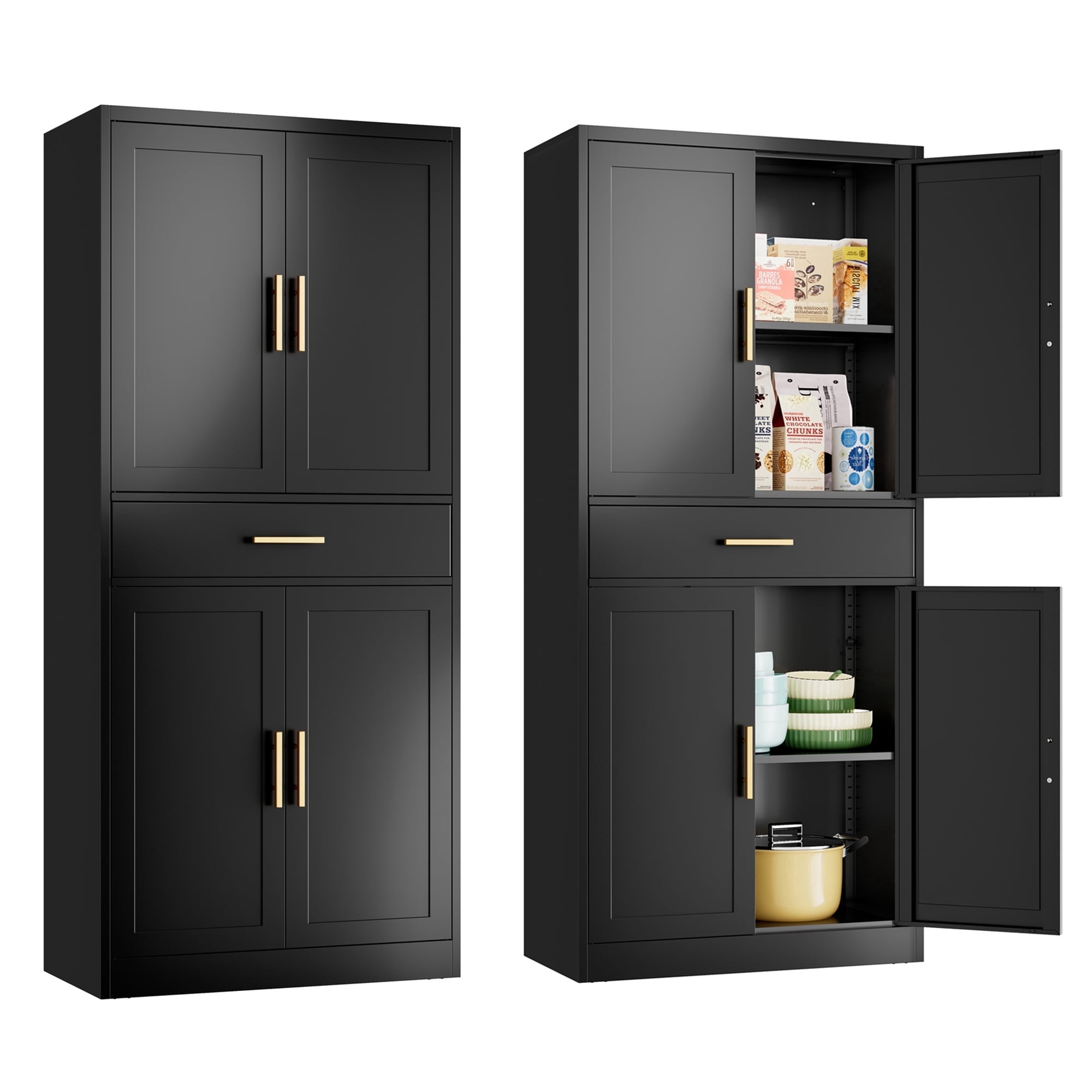 Metal Kitchen Pantry Cabinet, 71"Tall Cabinet with 1 Drawer, Doors and 2 Adjustable Shelves, Pantry Cabinets for Kitchen Storage, Metal Storage Cabinet for Kitchen, Dining Room, Living Room- Black