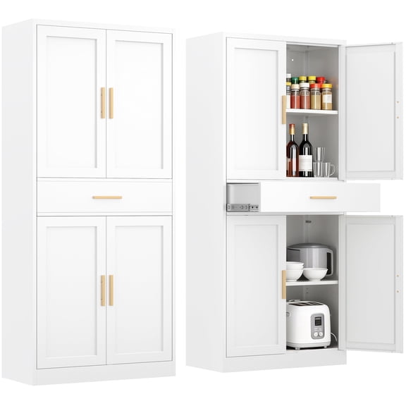 CJFHJ White Metal Kitchen Pantry Cabinet, 71" Tall with 1 Drawer, 2 Adjustable Shelves