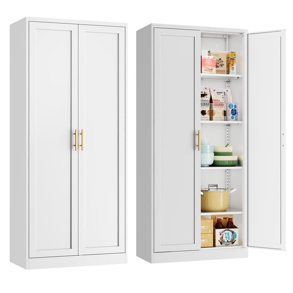Metal Kitchen Pantry Cabinet, 71"Tall Cabinet with 2 Doors and 4 Adjustable Shelves, Pantry Cabinets for Kitchen Storage, Metal  Cabinet for Kitchen, Dining Room, Living Room and Bathroom-White