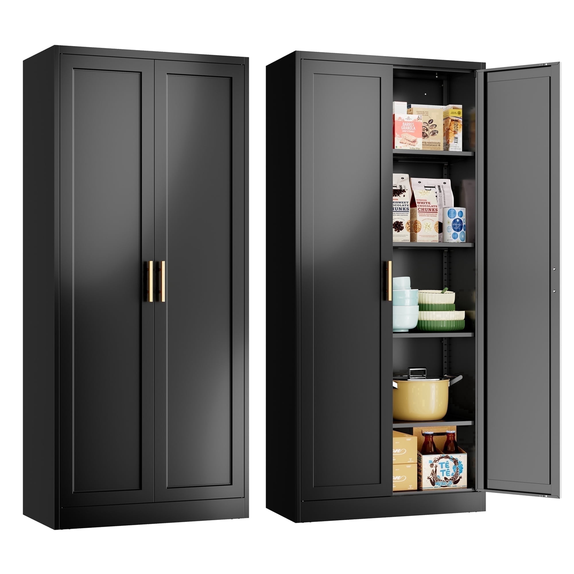 Metal Kitchen Pantry Cabinet, 71"H x 28"W x 14"D Cabinet with 2 Doors and 4 Adjustable Shelves, Kitchen Pantry Storage Cabinet, Metal Pantry Cabinet for Kitchen, Dining Room, Living Room-Black