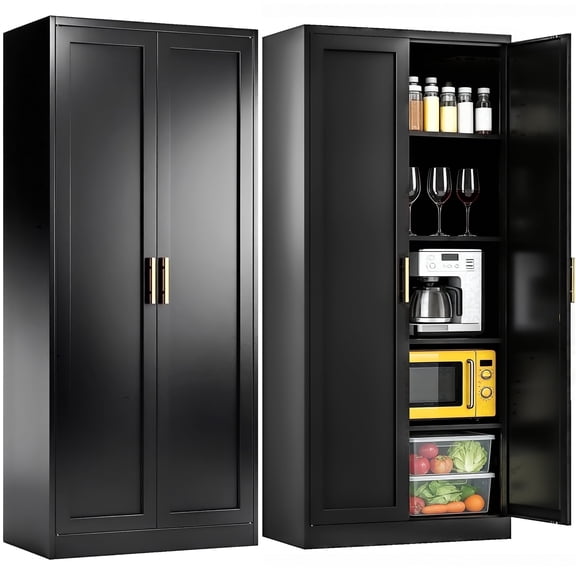CJFHJ Freestanding Metal Kitchen Pantry Storage Cabinet, Lockable, 71" Tall, 2 Doors, 4 Adjustable Shelves, Black