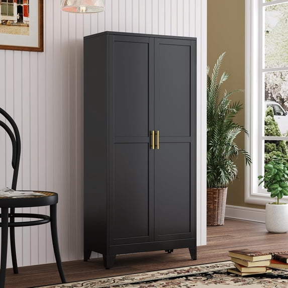 Metal Kitchen Pantry Storage Cabinet with 2 Doors and 3 Adjustable Shelves,Pantry Cabinet with Adjustable Leveling Foot for Kitchen, Living Room, Dining Room(Black)