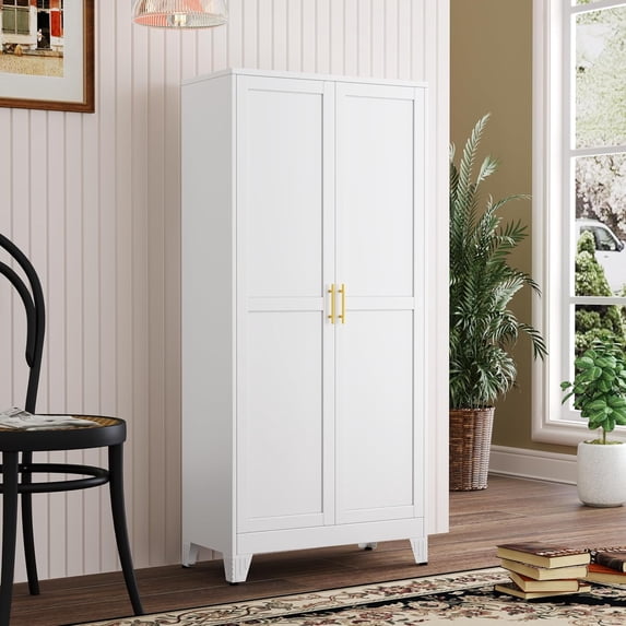 Metal Kitchen Pantry Storage Cabinet with 2 Doors and 3 Adjustable Shelves, White