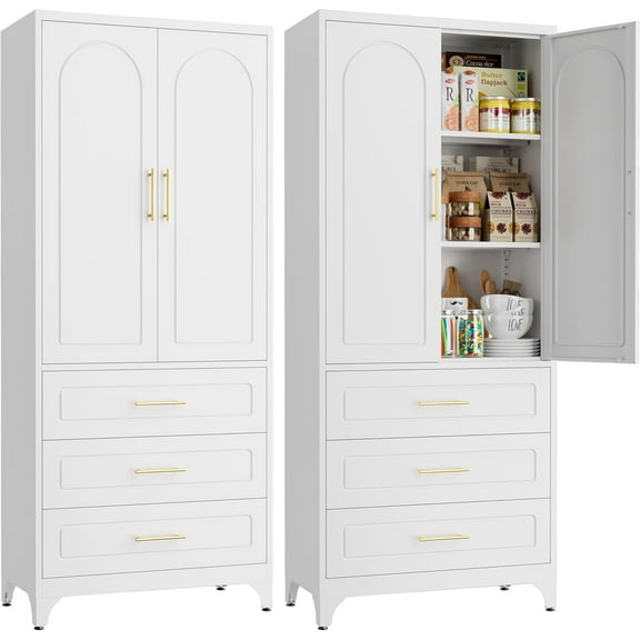 Metal Kitchen Pantry Storage Cabinet with 3 Drawers，75 Inch White Food Pantry Cabinets for Kitchen Storage with 2 Adjustable Shelves,Tall Storage Cupboard for Living Room,Dining Room Office