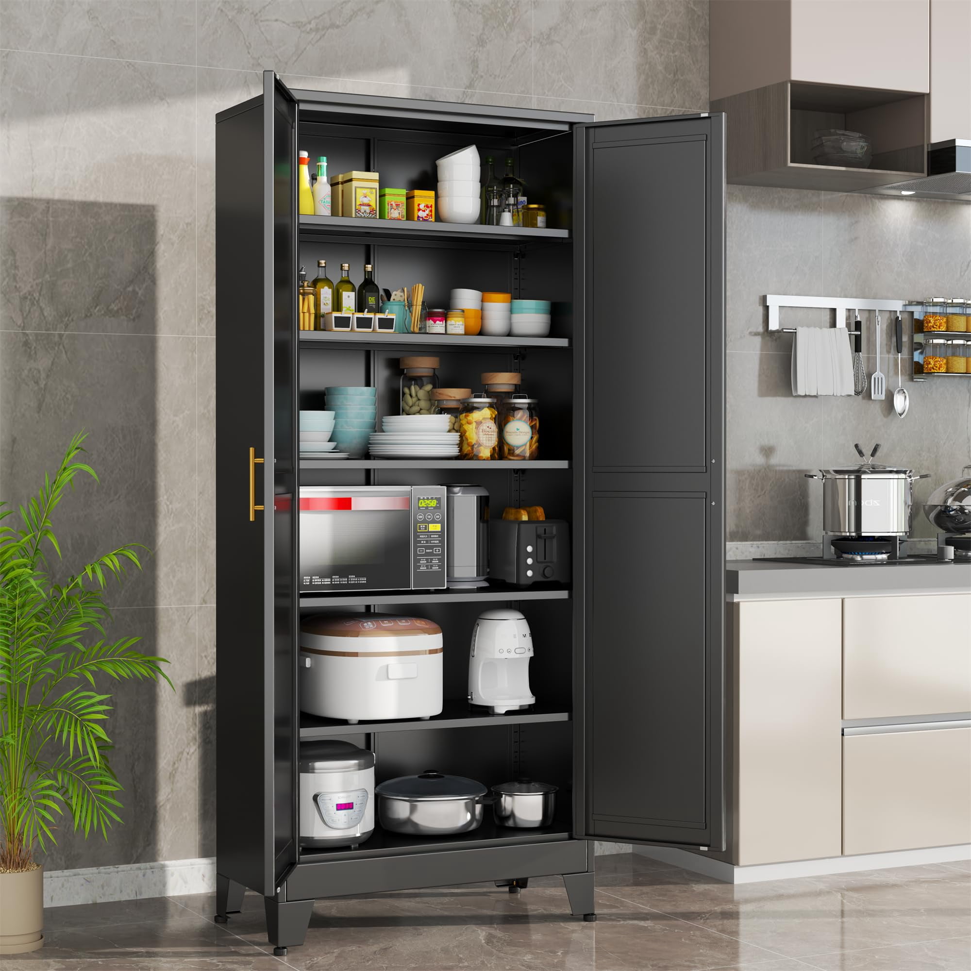 Metal Kitchen Pantry Storage Cabinet 75.2 Inches Tall with 5 Adjustable ...