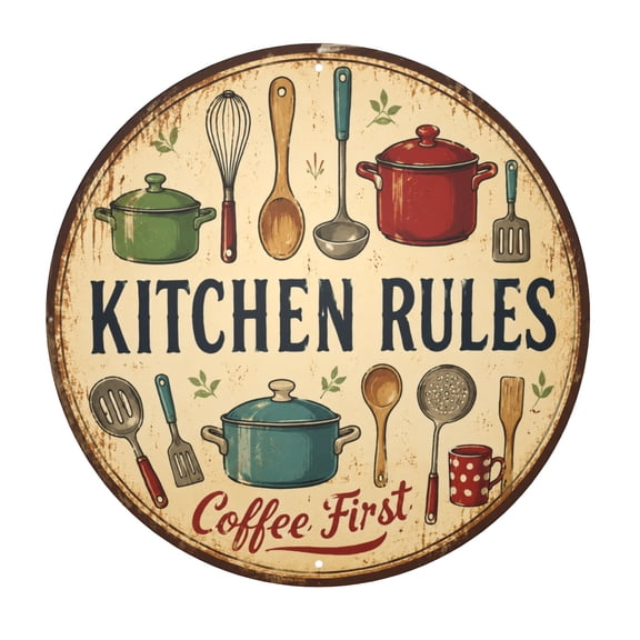 Metal Kitchen Rules Sign with Coffee First Design, Rustic Wall Decor for Indoor/Outdoor Use, Vintage Style Round Iron Plaque with Cooking Utensils, Easy Hanging 8X8 Inch Home Decor