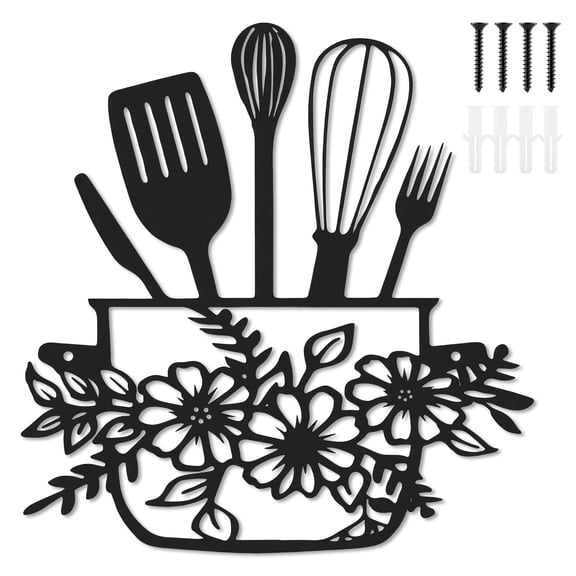 11*10.6in Metal Kitchen Sign Modern Black Cookware Design Line Art Wall Decor for Kitchen Dining Room Living Room Includes Mounting Screws