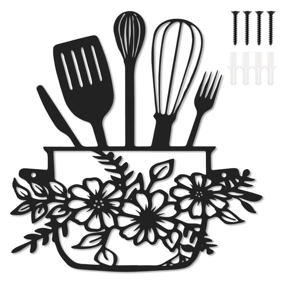 11*10.6in Metal Kitchen Sign Modern Black Cookware Design Line Art Wall Decor for Kitchen Dining Room Living Room Includes Mounting Screws
