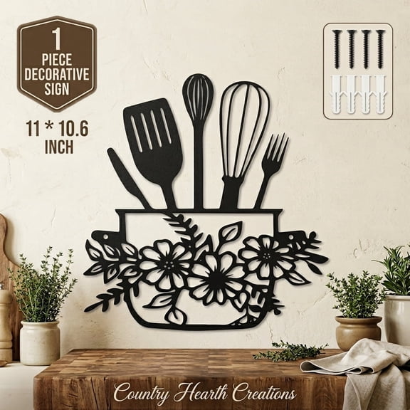 11*10.6in Metal Kitchen Sign Modern Black Cookware Design Line Art Wall Decor for Kitchen Dining Room Living Room Includes Mounting Screws