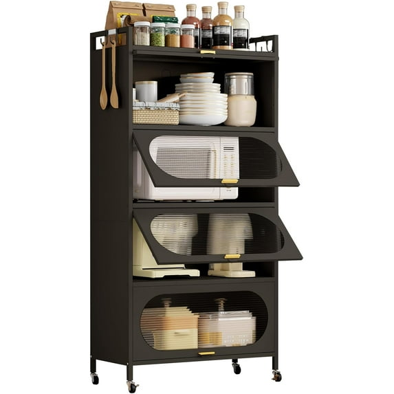 Metal Kitchen Storage Cabinet with Flip-up Doors, Freestanding Pantry Cabinet with 4 Rolling Wheels, 5-Tier Mobile Microwave Stand with Storage Rack Cabinet for Kitchen Dining Living Room (Black)