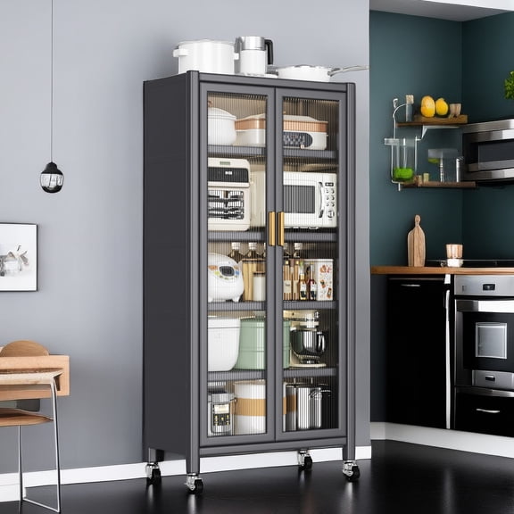 Metal Kitchen Storage In Grey: Double Door Floor-ceiling Cabinet With 250kg Bearing Capacity & Smoothly Gliding Wheels Grey Unit: Rolling