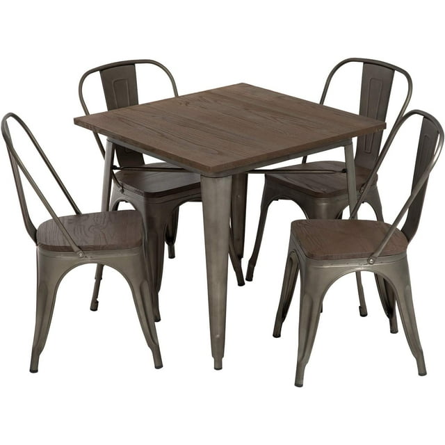 Metal Kitchen Table Set Dining Table Chairs Home Restaurant Wood Top Table Metal Dining Chairs Bar Coffee Table Set Indoor Outdoor Metal Base Table Patio Dining Table 4 Chairs Patio Furniture