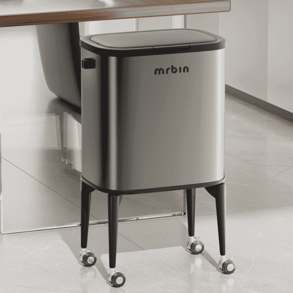 Mrbin 36L Stainless Steel Kitchen Trash Can, Press Top Lid with Wheels, Pet Proof Slim Tall Garbage Pail, Eclipse Grey