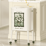 Mrbin Metal Kitchen Trash Can with Wheel Legs, White Rose Pattern, 36L / 9.5gal Medium Press Lid Slim Removable Waste Basket, Pet Proof Tall Narrow Garbage Pail