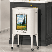 MRBIN Metal Kitchen Trash Can with Wheels, 36L / 9.5gal Garbage Can Press Lid Slim Removable Waste Basket, Pet Proof Tall Narrow Garbage Pail with Legs, Wheatfield, Cream White