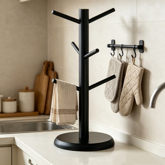 Metal Kitchen Utensil Holder with Hooks, Black Tree Shaped Organizer for Cups Mugs Towels Spoons, Wooden Shelf and Countertop Storage, 13.4x6.3x6.3 Inches for Kitchen Dining Bar