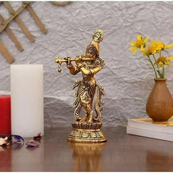 Metal Krishna Statue Krishna Murti Playing Flute 6.5 inches