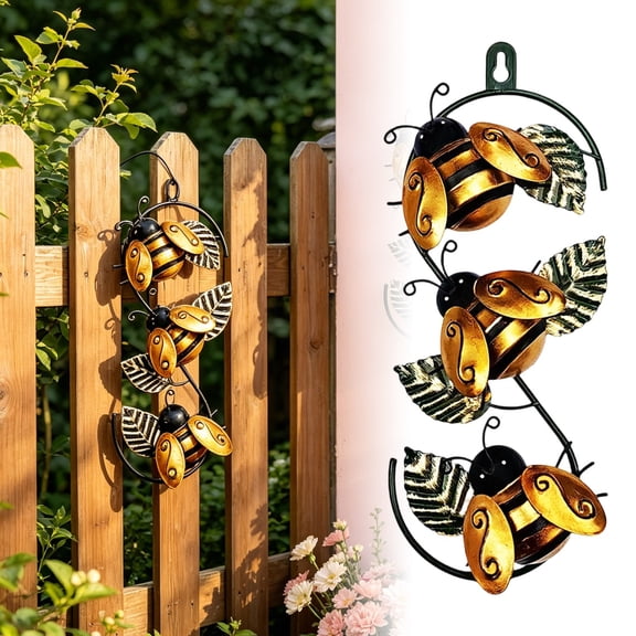 Metal Ladybug Bee Wall Hanging Decor Colorful Iron Art Insect Leaf Ornament Outdoor Fence Patio Garden Porch Wall Sculpture Home Yard Decorative Accessory