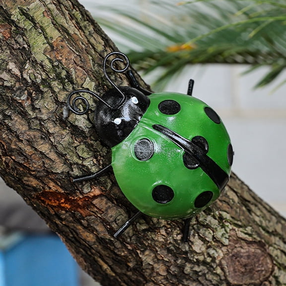 Metal Ladybug Wall Decor 3D Iron Ladybird Sculpture Waterproof Hanging Insect Ornament For Garden Tree Fence Backyard(Green-11X11Cm)