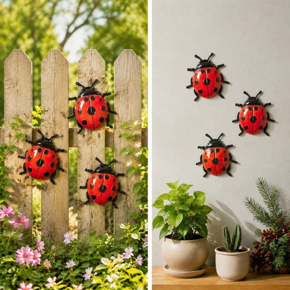 Metal Ladybug Wall Decor Set of 3, 6.7 Inch Rustproof Iron Insect Sculptures, Weatherproof Garden Art Hanging Ornaments for Fence Patio Balcony, Red Black Indoor Outdoor Wall Decor