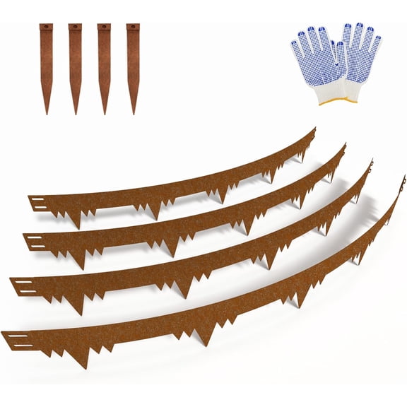 Metal Landscape Edging Border 4 Packs 42'' L x 4.5'' H, Pre-Rusted Steel Garden Edging Border with 4 Stakes, Hammer-in Lawn Edging for Landscaping, Flower Bed, Yard, Pathway, Tree Ring (14ft Total)