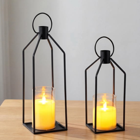 Metal Lantern Decor Set with Flameless LED Candles, Remote Timer, Hanging or Tabletop for Indoor Outdoor Use