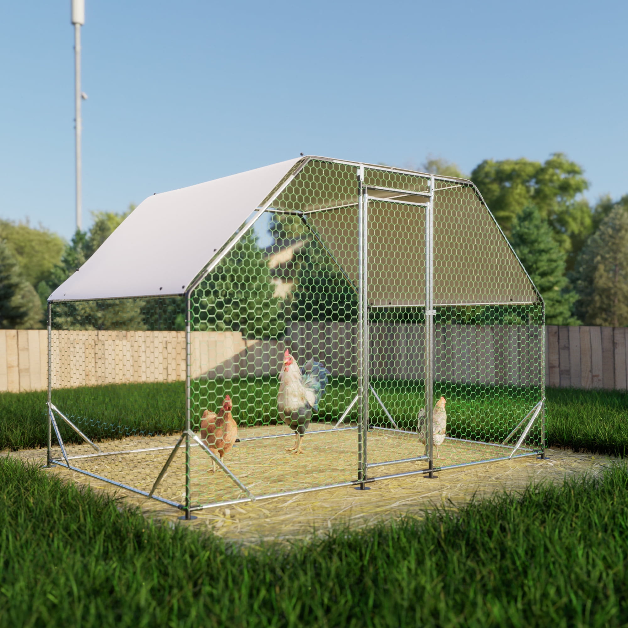 Metal Large Chicken Coop Walk-in Poultry Cage Run Flat Shaped with Waterproof Cover 9.94 x 6.46 x 6.36 ft