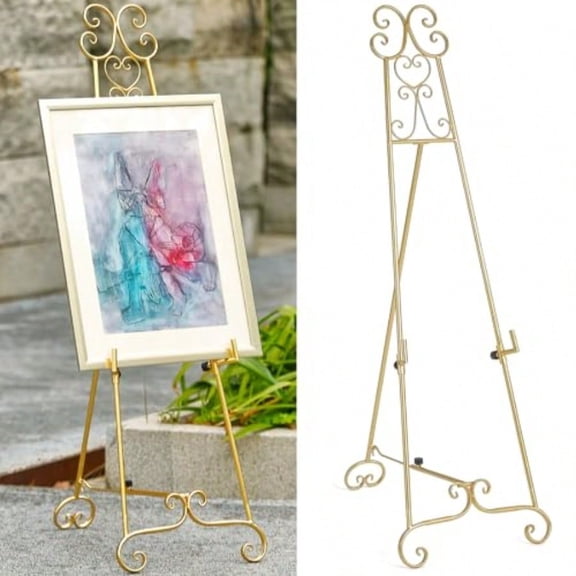 Metal Large Free Standing Adjustable Display Stand Scroll Easel with Chain port Gold Easel Stand for Sign Heavy Duty Easel for Mirror Wedding Picture Frame No Installation Required