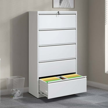 Metal Lateral File Cabinet with 5 Drawer, Filing Cabinet with Lock, Lockable File Cabinet for Home Office, Locking Metal File Cabinet for Legal/Letter/A4/F4 Size, White