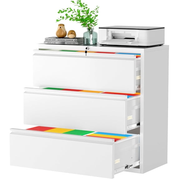 Metal Lateral File Cabinet with 3 Drawers, Lockable Filing Storage Cabinet for Office, Home, File Organization Cabinet for Letter/Legal, White