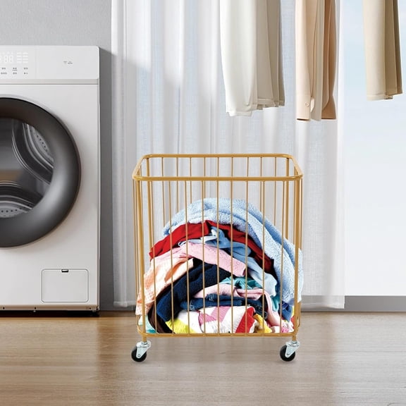 Metal Laundry Basket with Wheels  Gold, 88 lbs Capacity, Rolling Hamper