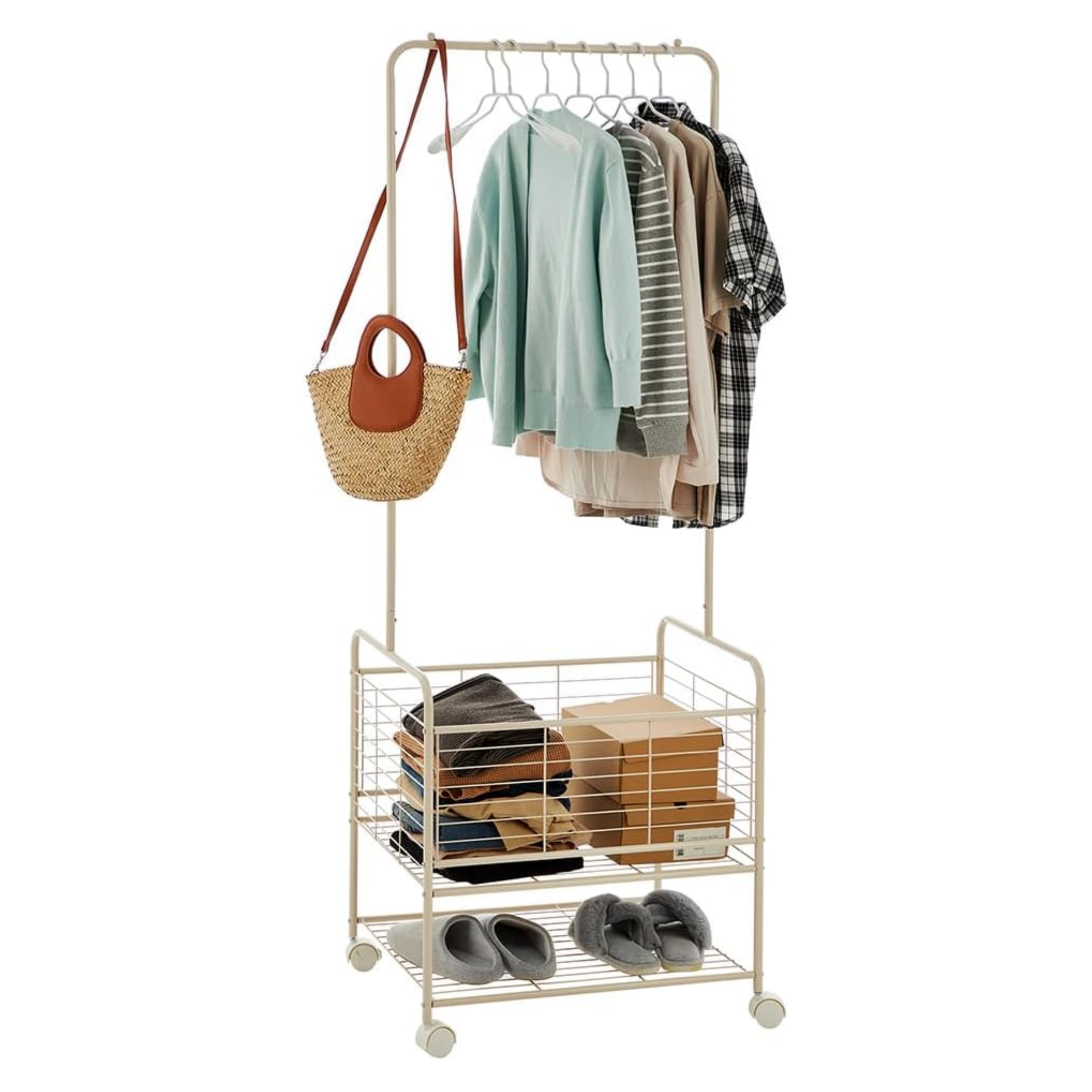 Metal Laundry Cart with Hanging Rack & Storage Shelves, 3-In-1 Rolling ...