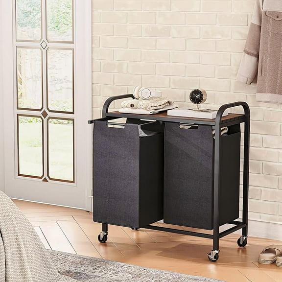 Metal Laundry Hamper with Wheels & Pull-Out Bag, Multifunctional Storage Basket with Shelves for Bedroom, Bathroom & Kitchen, Space-Saving Laundry Sorter & Organizer