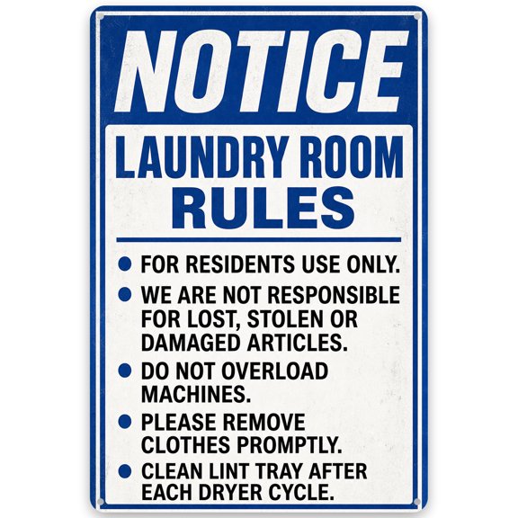 Metal Laundry Room Rules Wall Sign, 8x12 Inch Home Decor, Vintage Style Iron Plaque with Pre-Drilled Holes for Easy Hanging, Indoor/Outdoor Weather Resistant Finish, Rustic Notice Design