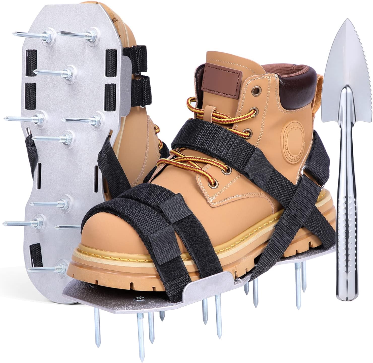 Metal Lawn Aerator Shoes, Upgraded Aluminum Aerating Shoe with 2.2" Durable Spikes, Free-Installation Spiked Sandals Stainless Steel Shovel for Yard Patio Garden Grass