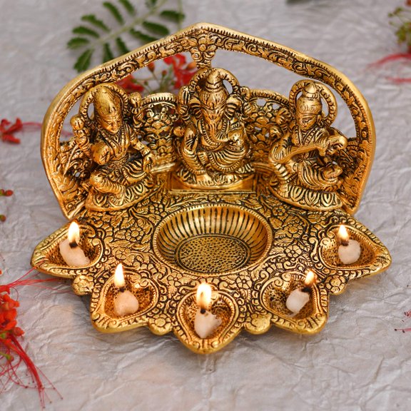 Metal Laxmi Ganesh Saraswati Idol Diya Oil Lamp Deepak - 8.5 X 5.1 X 4.7 Inch | Lakshmi Ganesha Showpiece Statue - Traditional Diya For Diwali Puja | Stylish Showpiece For Your Drawing Room