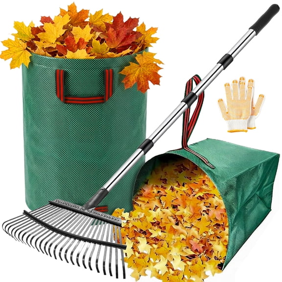 Rake for Leaves Set, 32 & 13.2 Gallon Leaf Bag, Heavy-Duty Garden Rake for Lawns, 68-Inch Adjustable Long Handle Metal Leaf Rake for Leaves, Grass & Debris Cleanup
