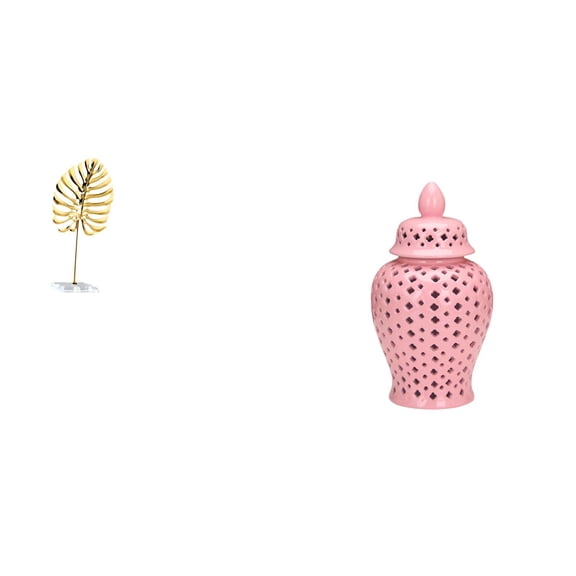 Metal Leaf Statue Ceramic Vase Storage Jar Creative Design for Bedroom Entryway Table Hotel Restaurant Decor