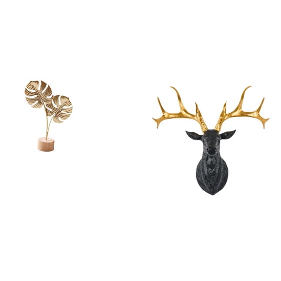 Metal Leaf Statue Deer Head Ornament Resin Figurine Modern Art for Bedroom Office Bar Decoration