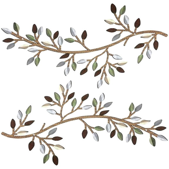 Metal Leaf Wall Art Decor - Olive Tree Branch Hanging Decoration, 2-Pack Iron Wall Hangings, 11.8 x 6.3 Inches, Rustic Home & Office Decor for Living Room, Kitchen, Bedroom