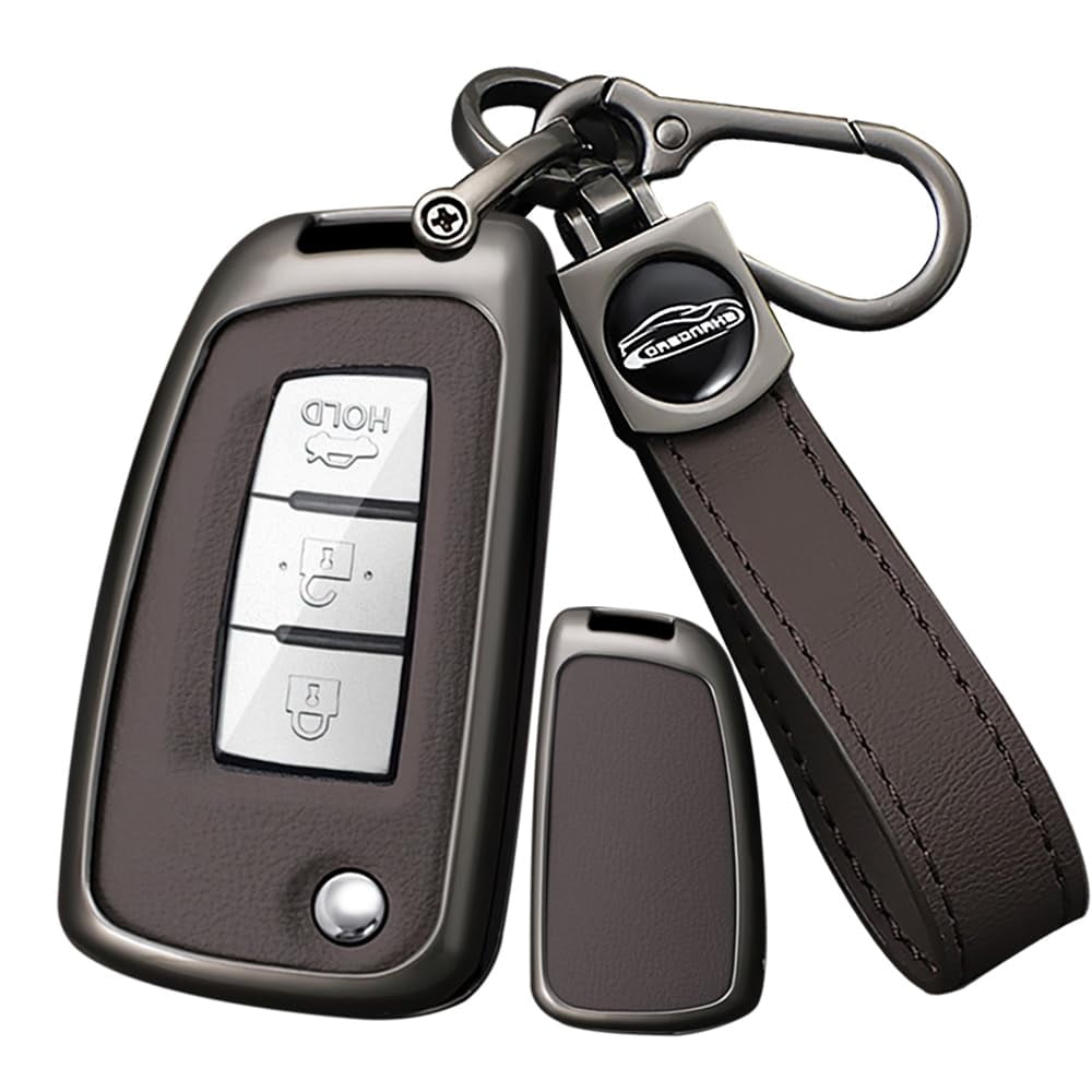 Metal & Leather 2/3/4 Button Flip Key Fob Cover Case Compatible with Nissan Rogue S Rogue Select Rogue Sport Sylphy Pulsar Sentra fit for Infiniti Keyless Key Holder with Keychain